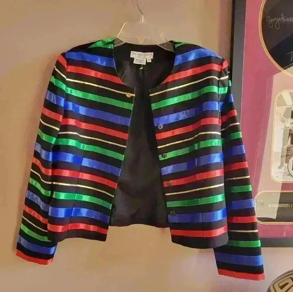 MAGGY LONDON Blazer Waist Jacket Size 14 Silky Rainbow Stripe Padded VTG - Picture 2 of 16